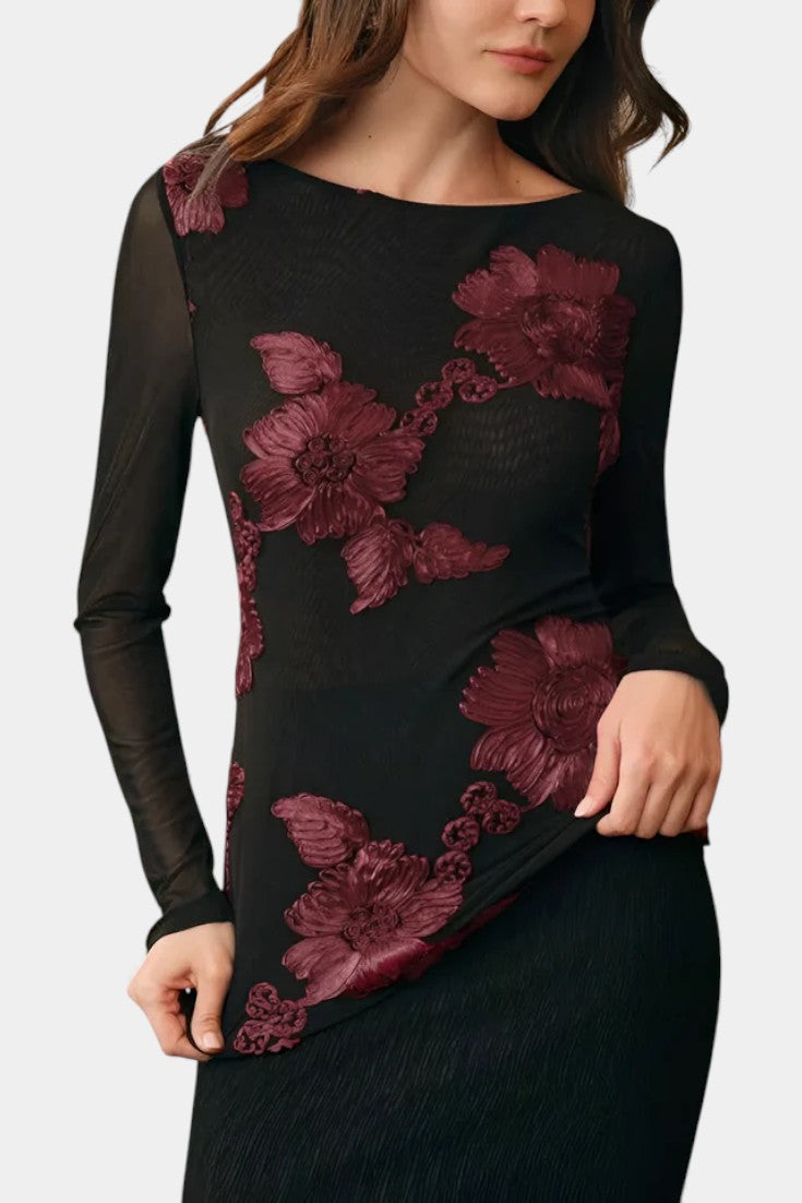 Floral Applique Boat Neck Long Sleeve Mesh Top 4