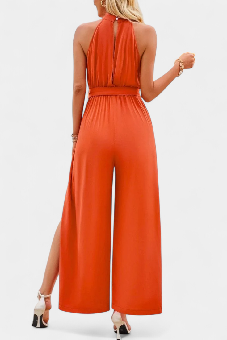Halter Neck Belted Wide Leg High Split Jumpsuit 10