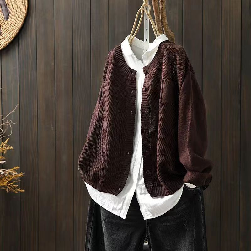 Crew Neck Button Front Textured Knit Cardigan
