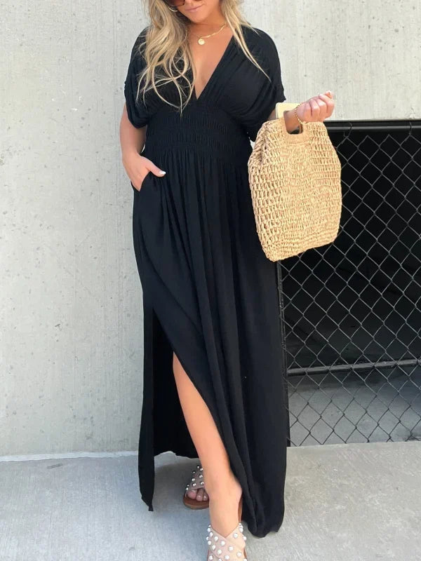 Deep V-Neck Flutter Sleeve Smocked Waist High Split Pocket Dress - View 2
