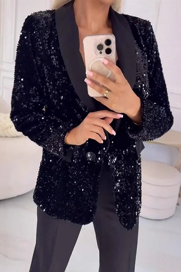 Sequin Shawl Collar Single Button Blazer