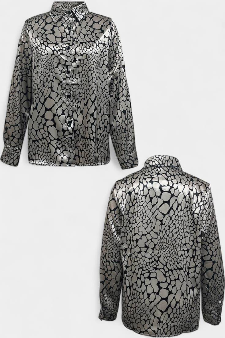 Snake Print Collared Button Front Long Sleeve Satin Shirt 3