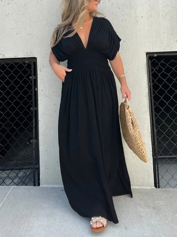 Deep V-Neck Flutter Sleeve Smocked Waist High Split Pocket Dress - View 4