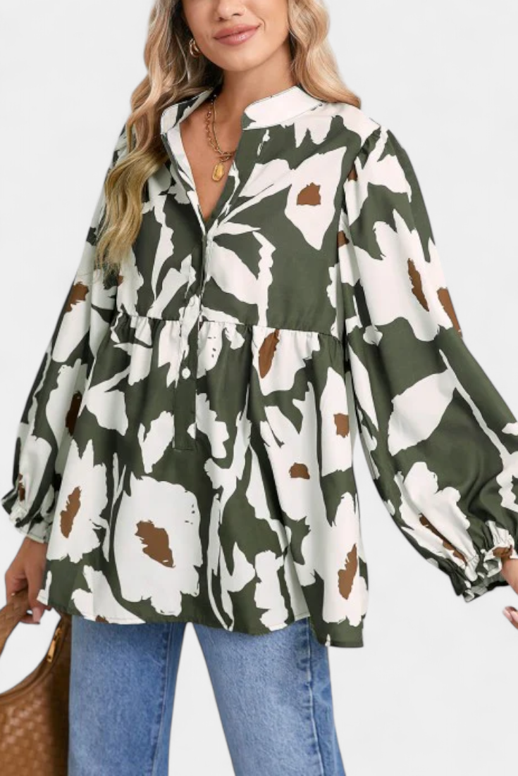 Abstract Floral Notch Neck Puff Sleeve Peplum Blouse 2