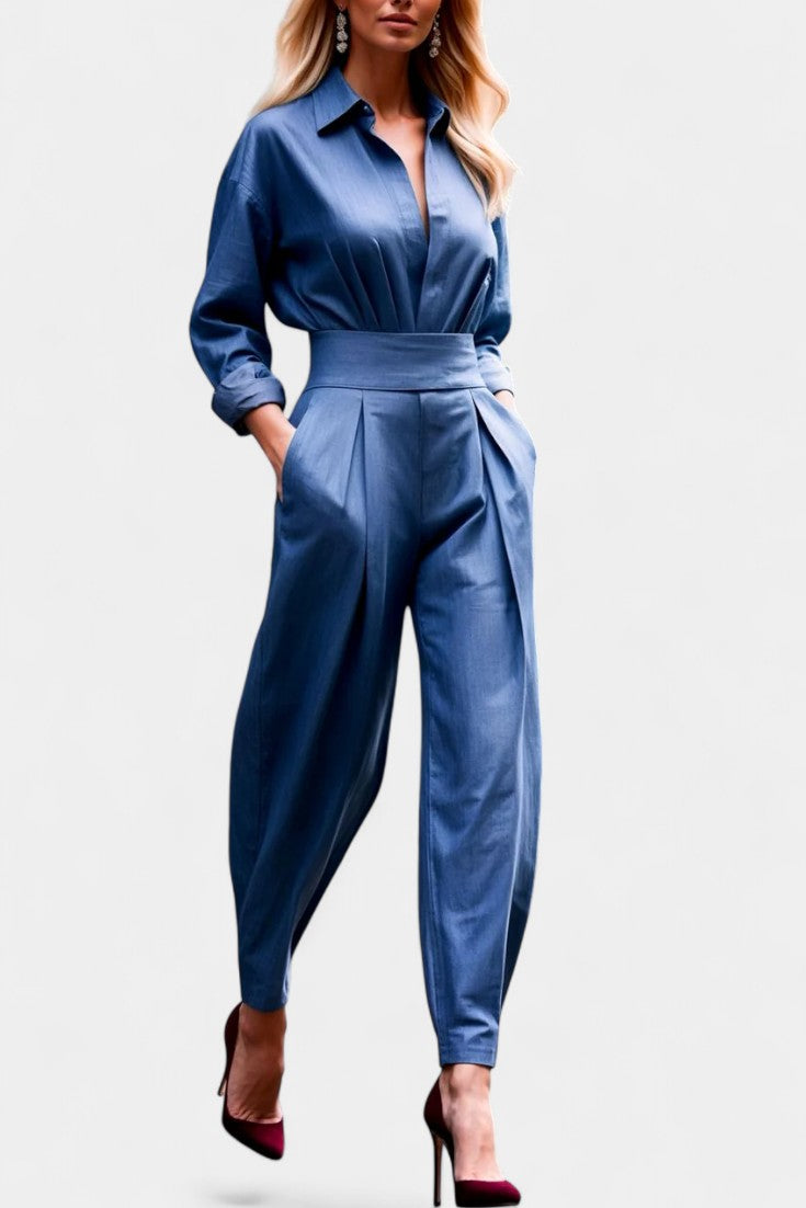 Collared Long Sleeve High Waist Denim Look Jumpsuit