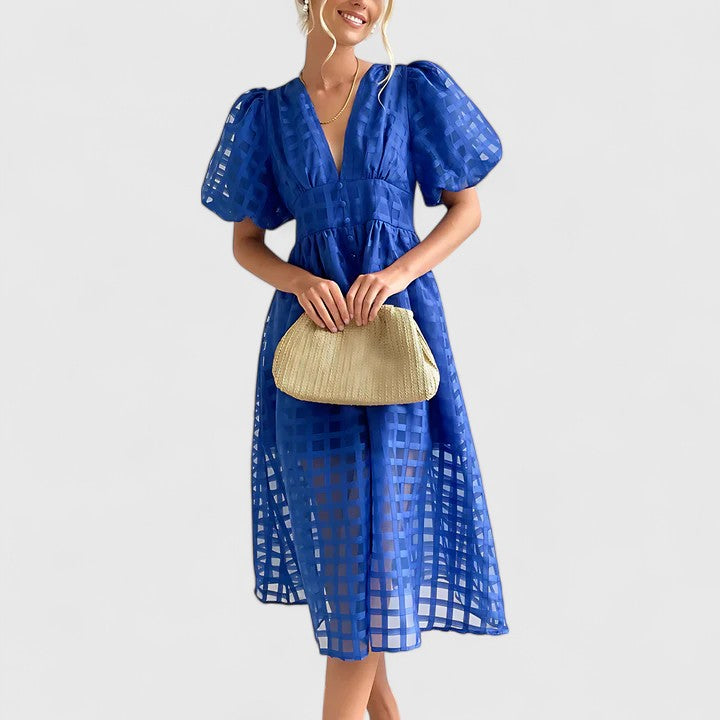Deep V-Neck Puff Sleeve Textured Check Button Front Midi Dress 3
