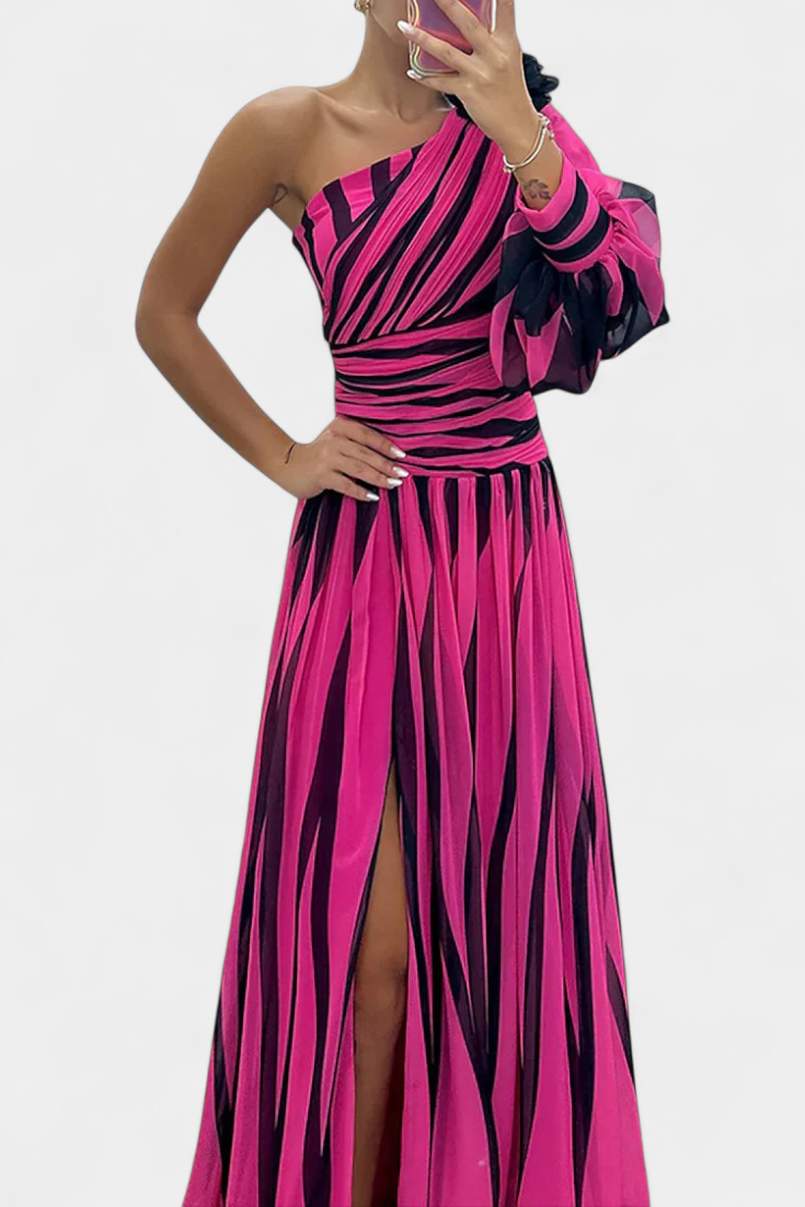 Abstract Print One Shoulder High Split Maxi Gown 10