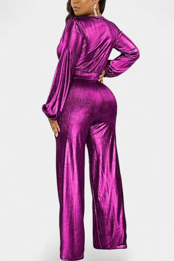 Metallic Wrap V-Neck Long Sleeve Wide Leg Jumpsuit 4