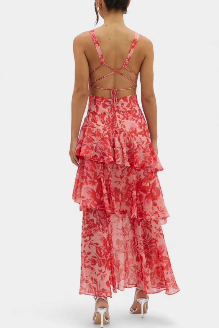 Floral Deep V-Neck Sleeveless Tiered Ruffle Maxi Dress 13