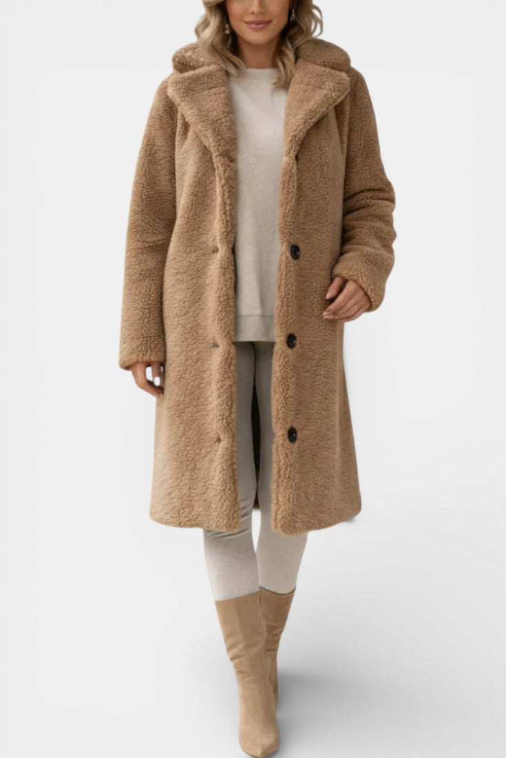 Notched Collar Button Front Teddy Longline Coat 4