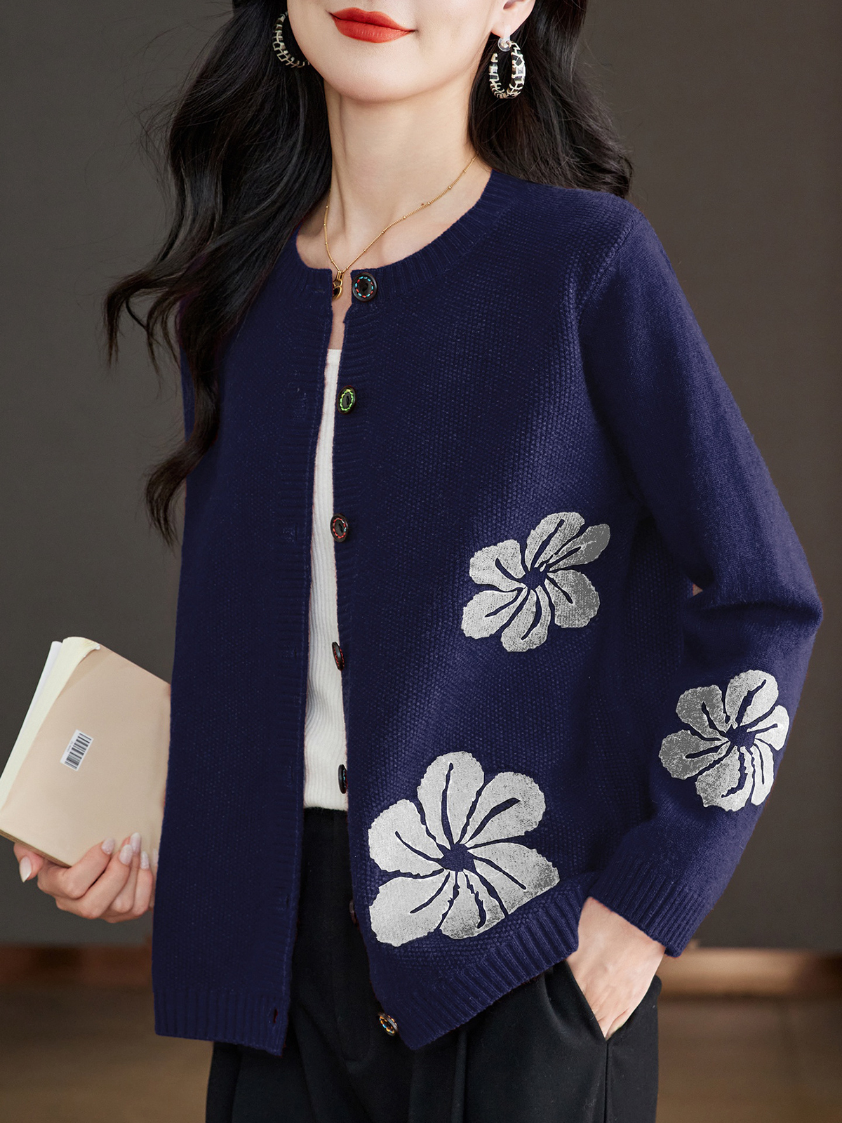 Floral Round Neck Long Sleeve Button Front Knit Cardigan