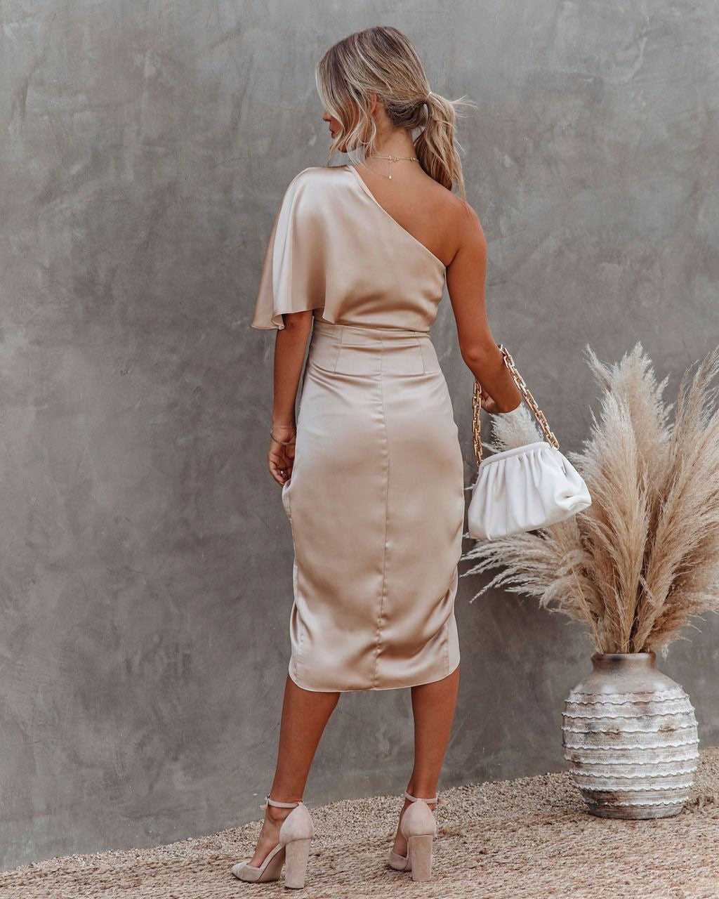Satin One Shoulder Ruched Pleated Wrap Asymmetric Midi Cocktail Dress - View 2