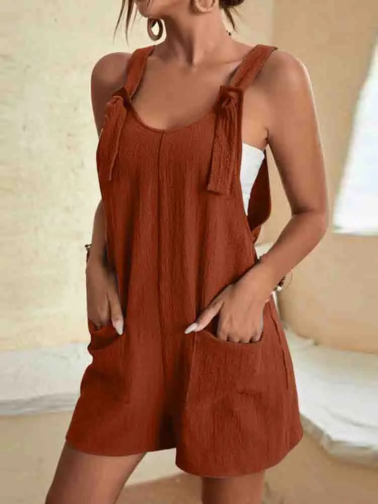 Adjustable Tie Strap Pocket Textured Short Overalls Romper 6
