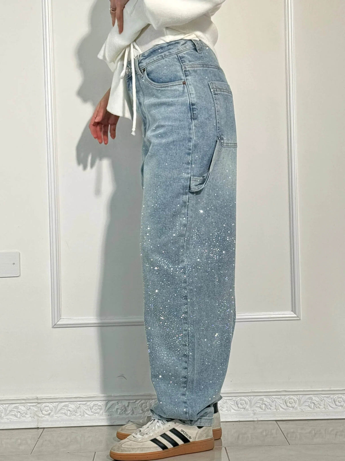 High Waist Rhinestone Embellished Wide Leg Jeans 7