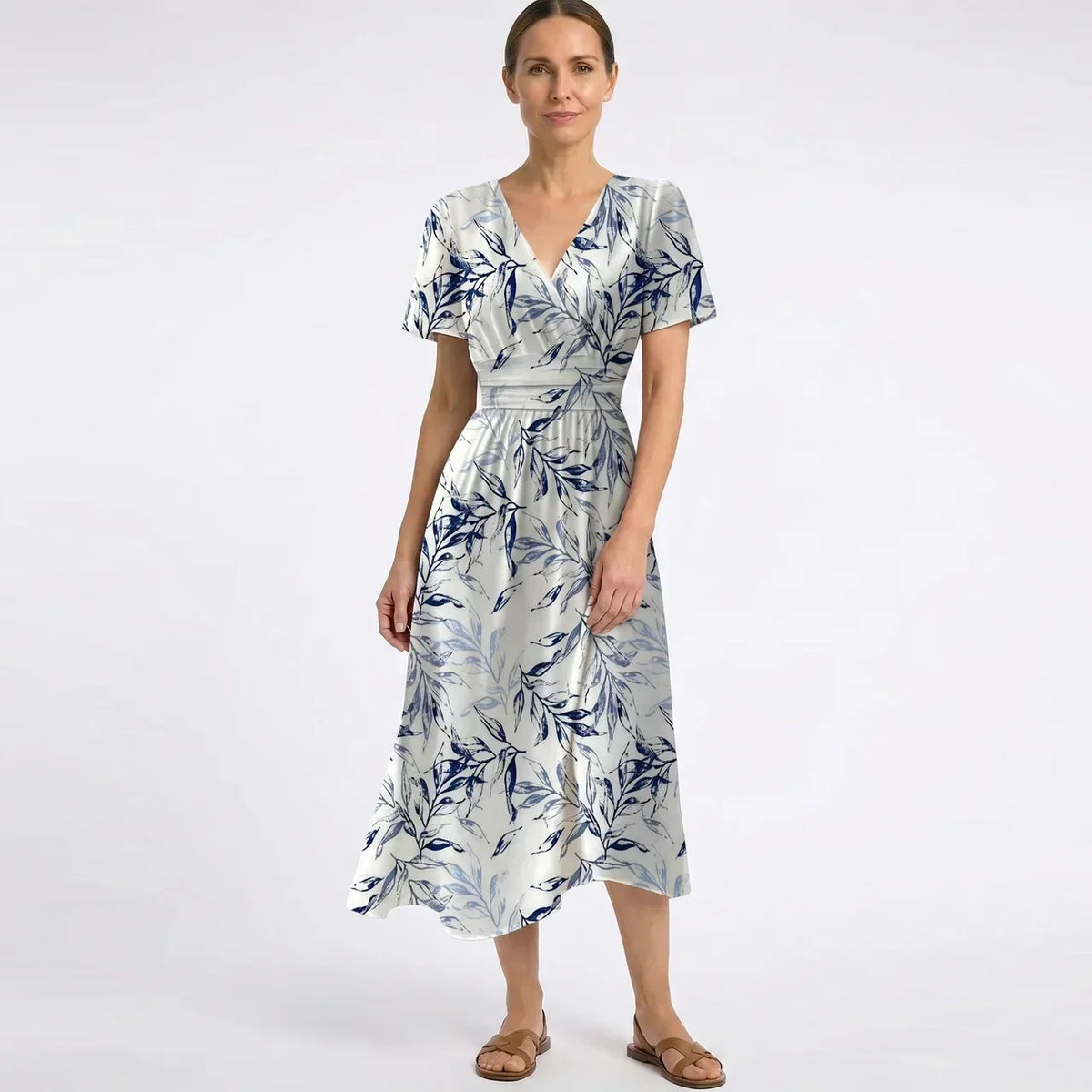 Leaf Print V-Neck Flutter Sleeve Wrap Waist Midi Dress