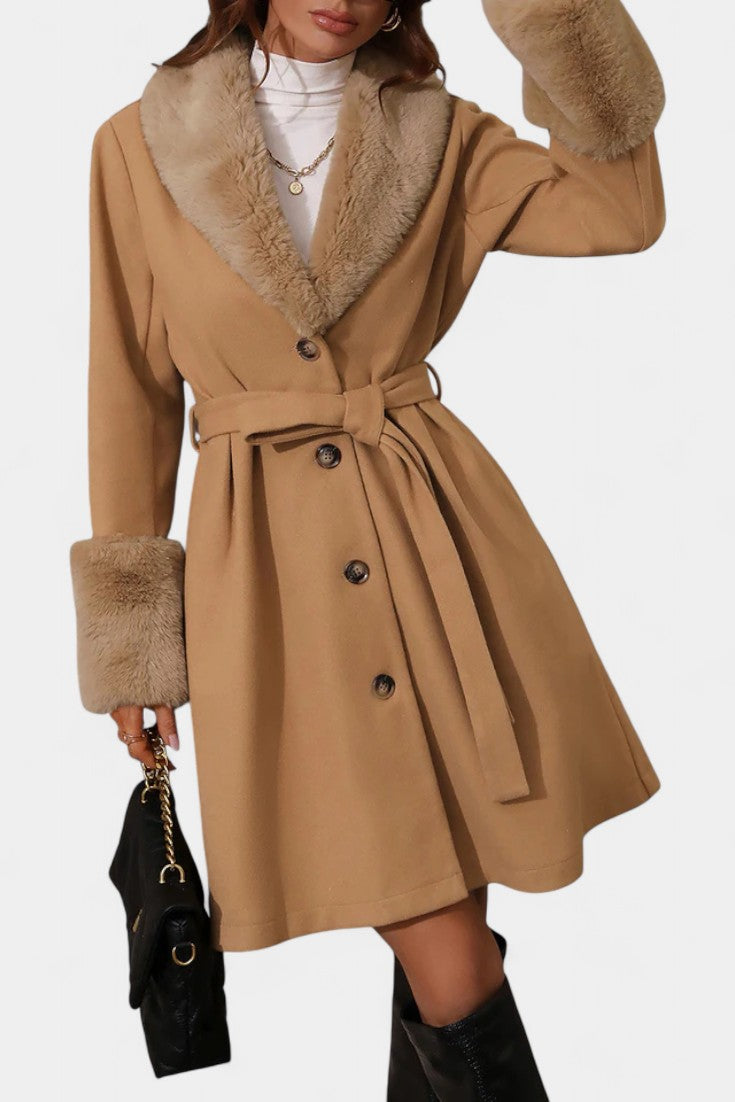 Faux Fur Collar Belted Wool Look Coat 11