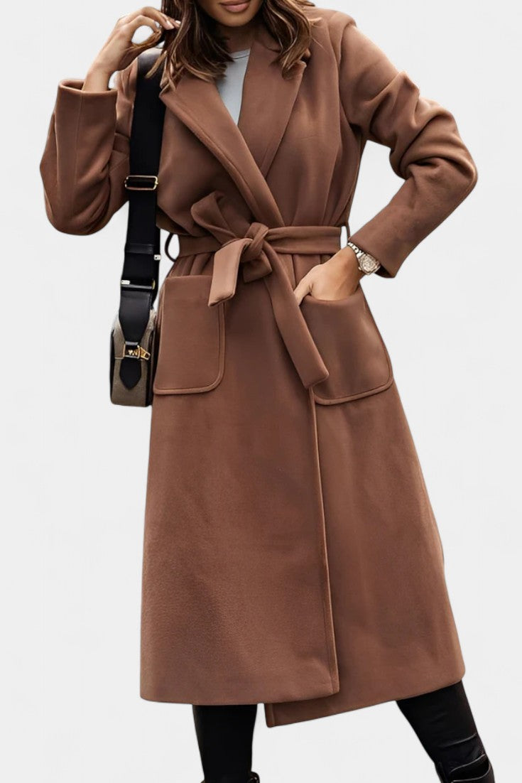 Notched Lapel Belted Patch Pocket Longline Coat 2