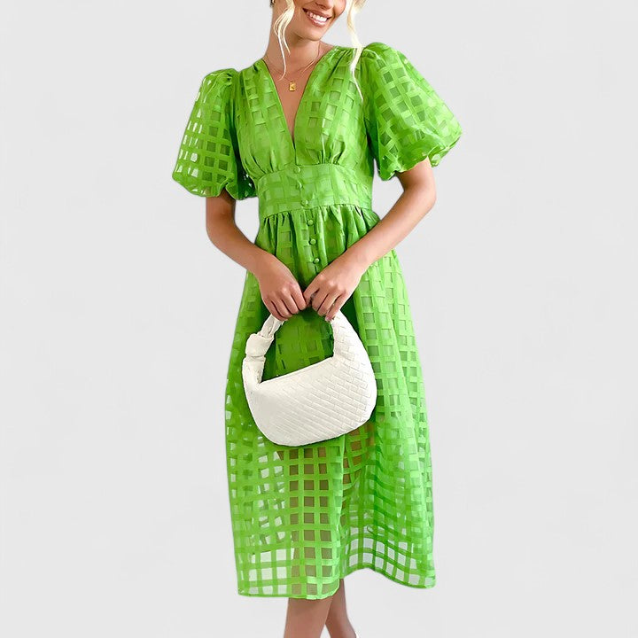 Deep V-Neck Puff Sleeve Textured Check Button Front Midi Dress 4