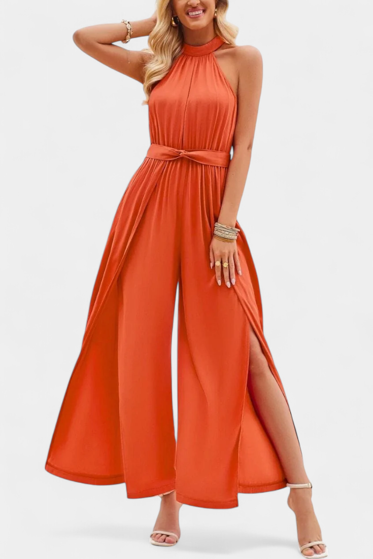 Halter Neck Belted Wide Leg High Split Jumpsuit 11