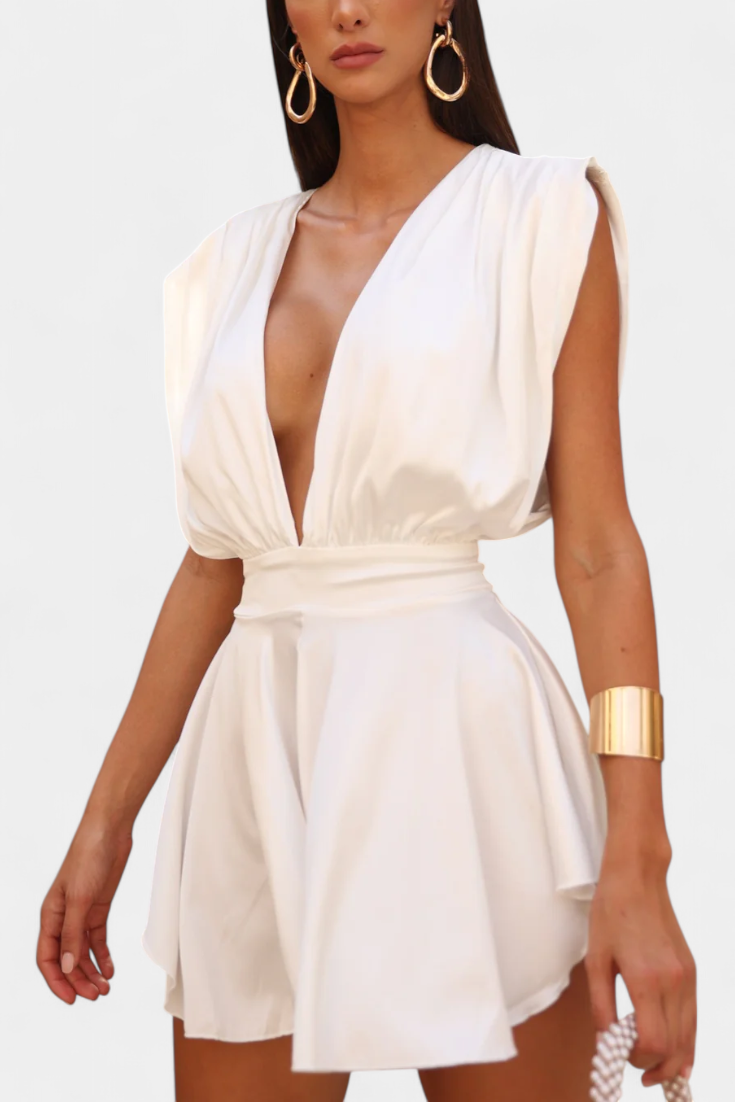 Deep V-Neck Sleeveless Tie Waist Flared Romper 5