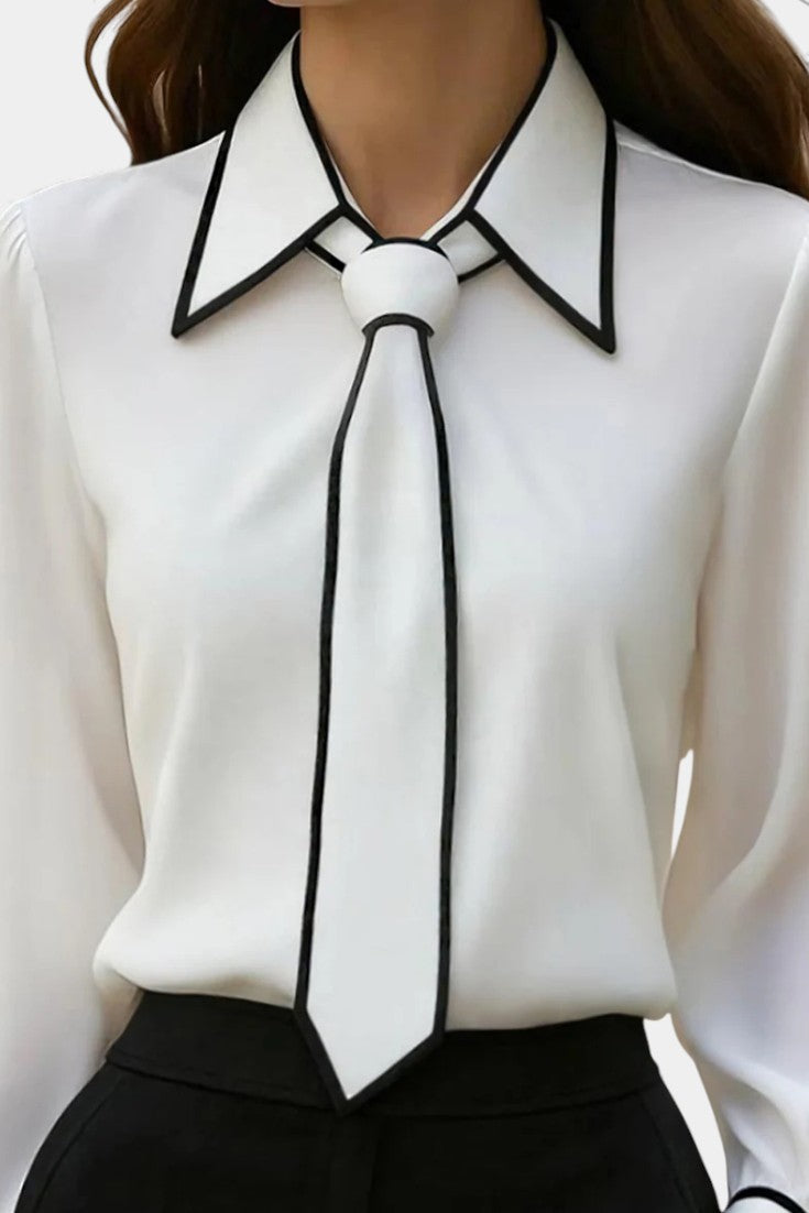 Contrast Trim Knotted Tie Collar Long Sleeve Blouse 2