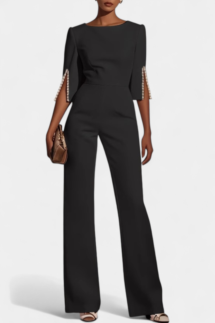 Boat Neck Pearl Trim Split Sleeve Wide Leg Jumpsuit 6