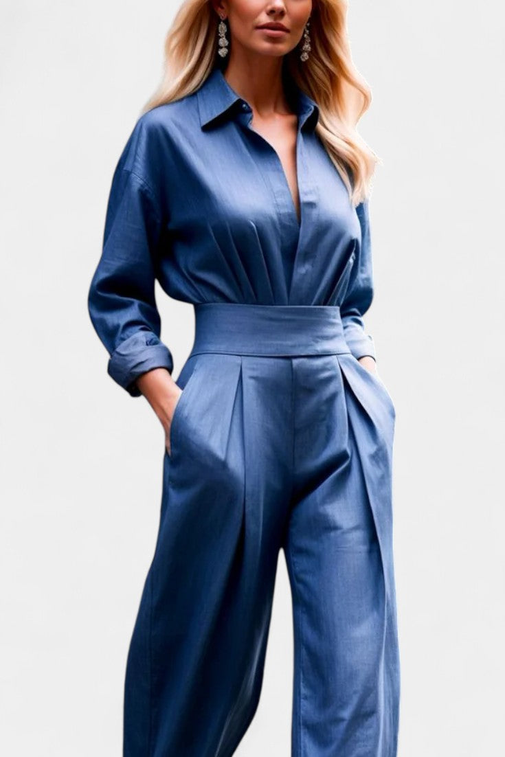 Collared Long Sleeve High Waist Denim Look Jumpsuit 2