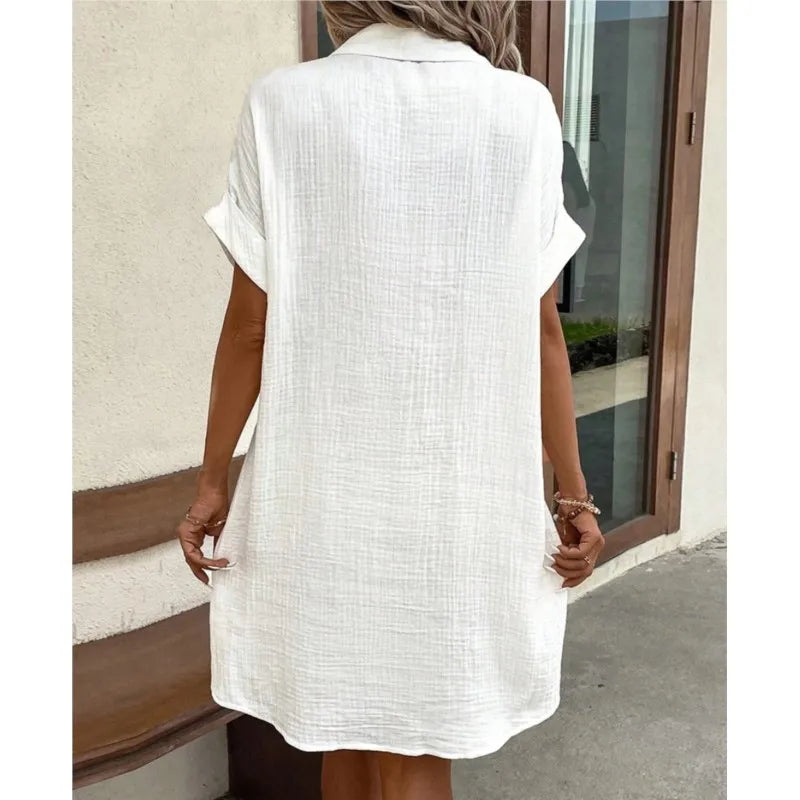 Textured Button Down Short Sleeve Patch Pocket Shirt Dress - View 7
