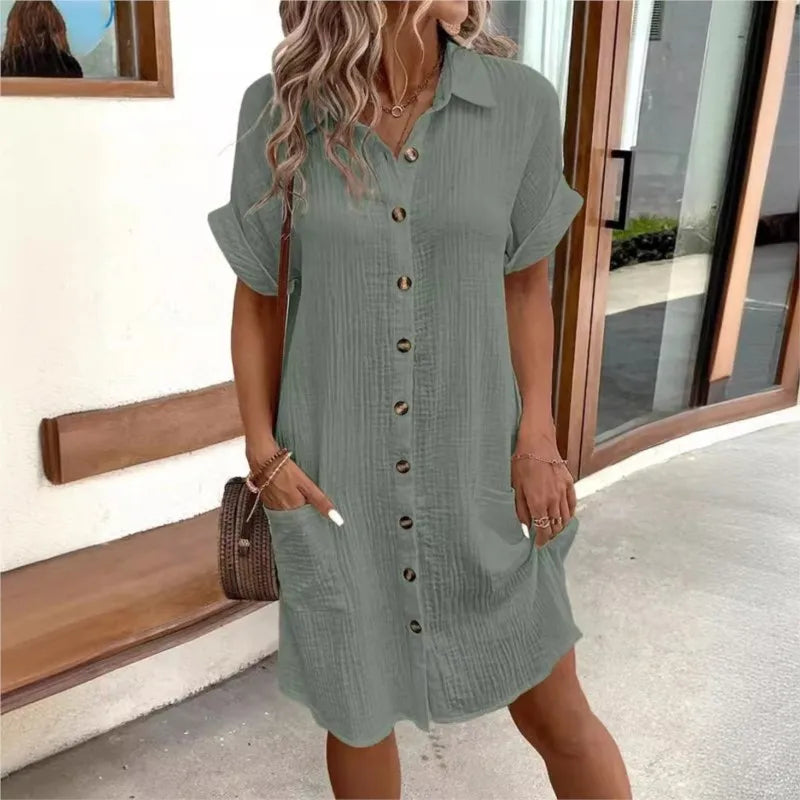 Textured Button Down Short Sleeve Patch Pocket Shirt Dress - View 4