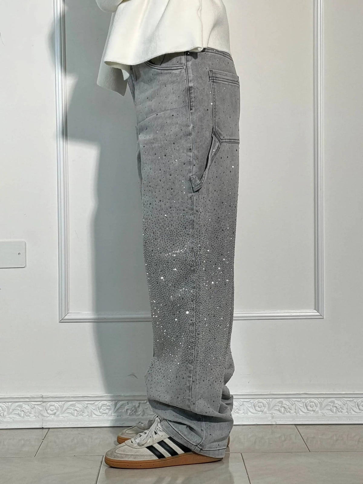 High Waist Rhinestone Embellished Wide Leg Jeans 15