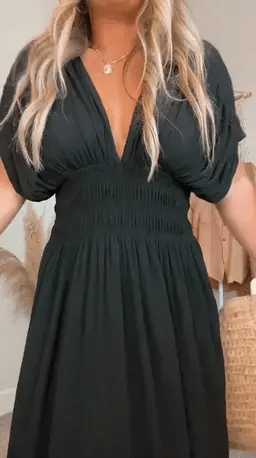 Deep V-Neck Flutter Sleeve Smocked Waist High Split Pocket Dress - View 3