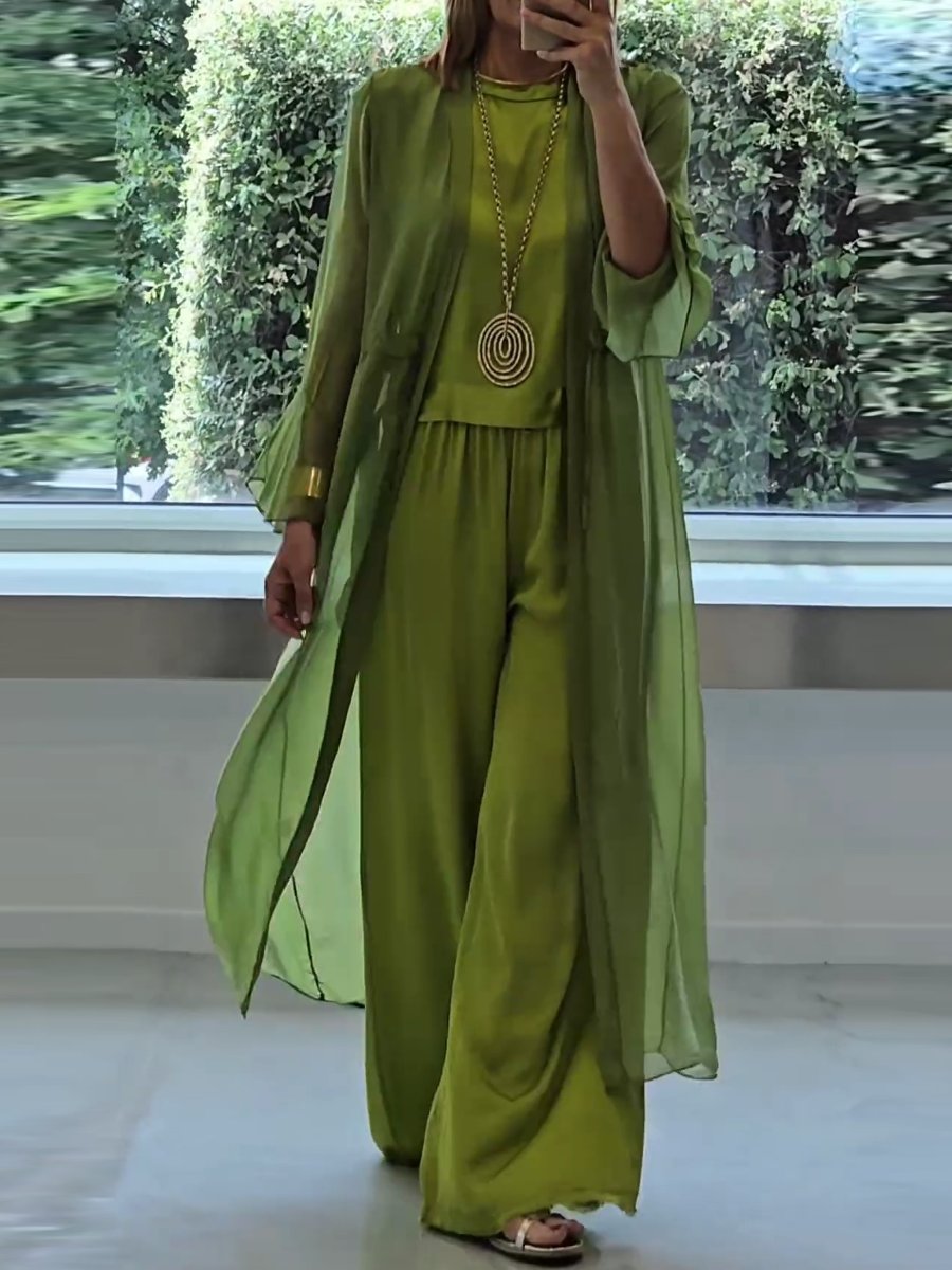 Sheer Longline Duster Tank Top and Wide Leg Pants Three Piece Set 3