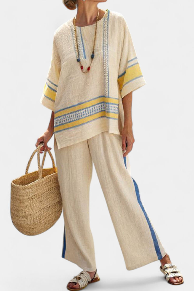 Notch Neck Embroidered Trim Top and Wide Leg Pants Two Piece Set 2