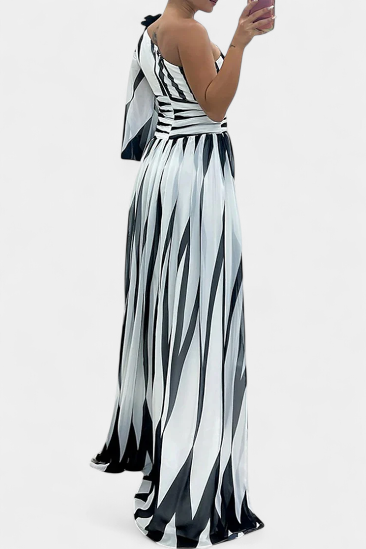 Abstract Print One Shoulder High Split Maxi Gown 4