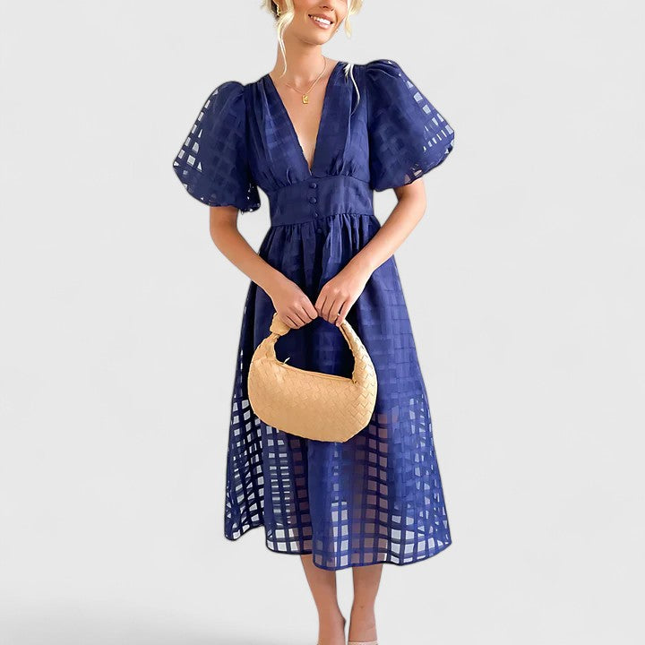 Deep V-Neck Puff Sleeve Textured Check Button Front Midi Dress 5