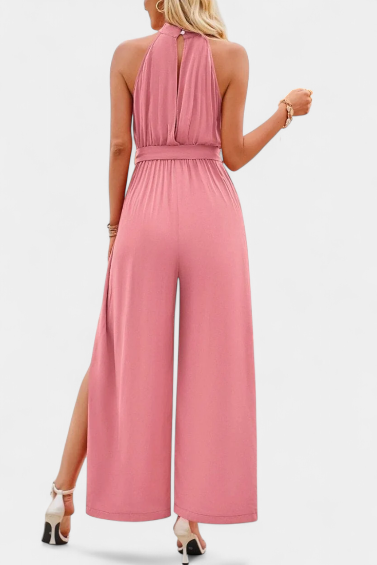 Halter Neck Belted Wide Leg High Split Jumpsuit 3