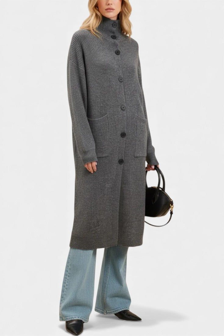 Stand Collar Button Front Longline Knit Cardigan Coat