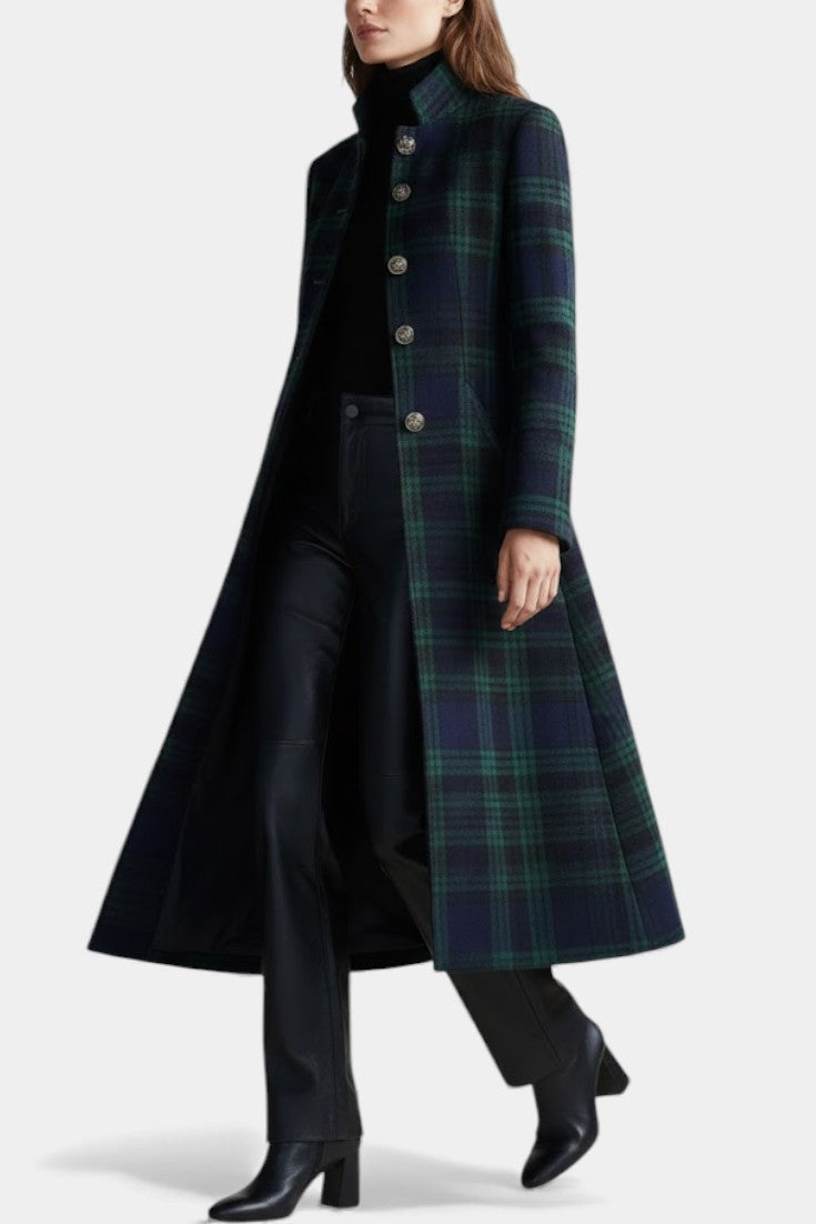 Tartan Plaid Stand Collar Button Front Longline Coat 6