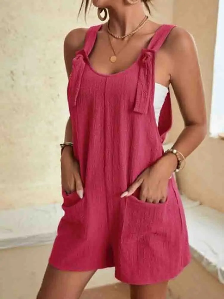 Adjustable Tie Strap Pocket Textured Short Overalls Romper 4
