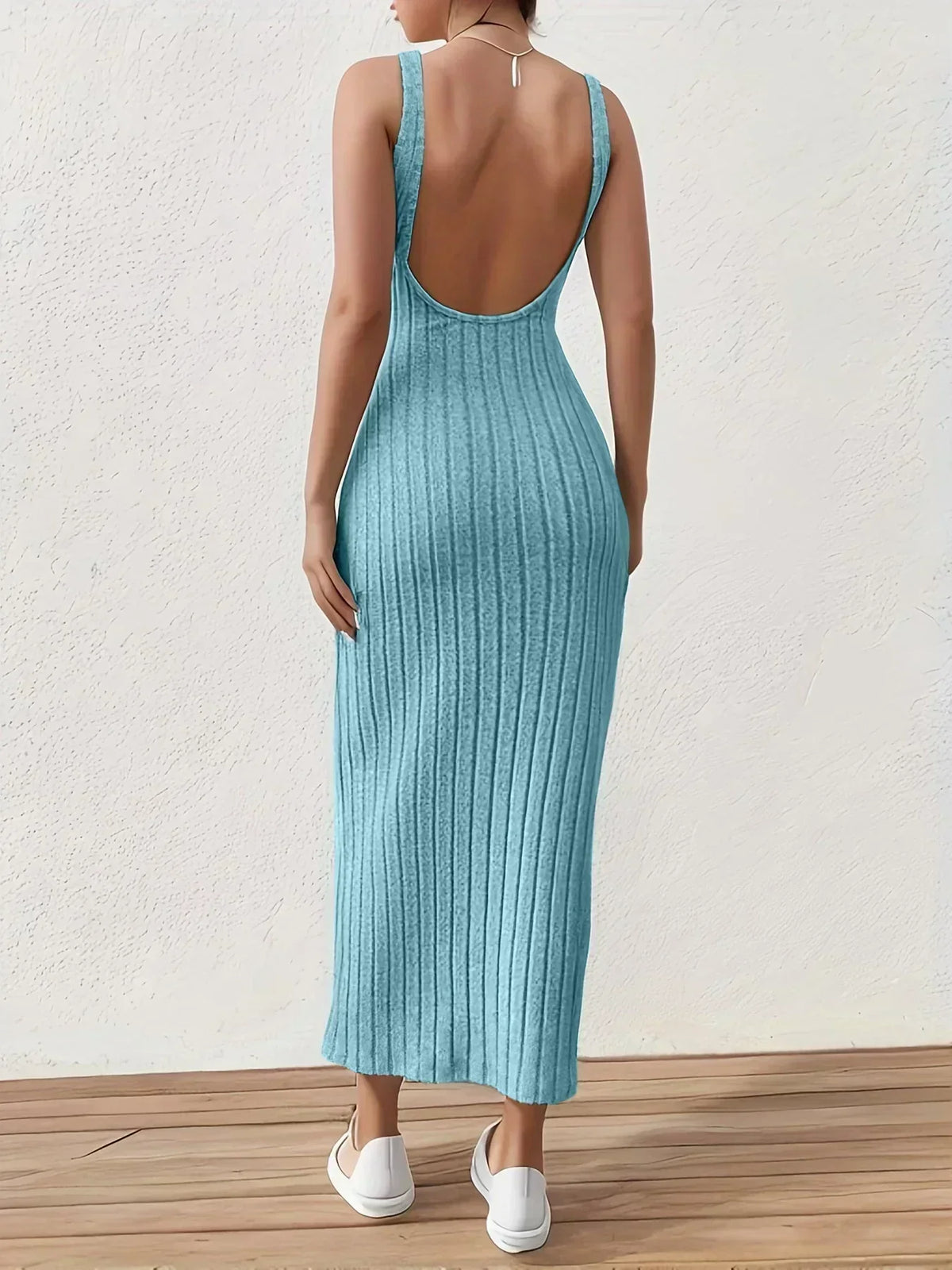 Ribbed Knit Sleeveless Crew Neck Bodycon Midi Dress - View 7
