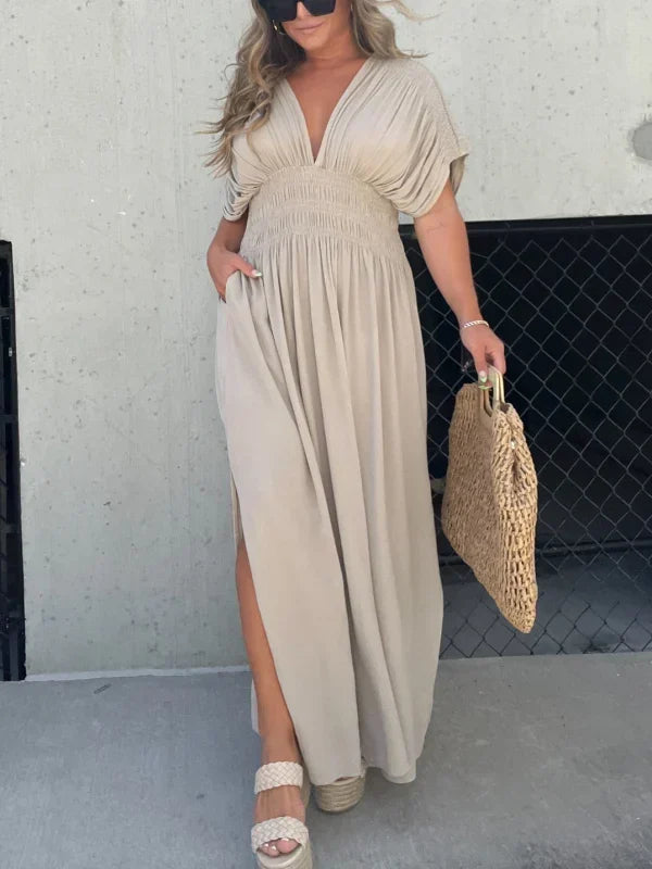 Deep V-Neck Flutter Sleeve Smocked Waist High Split Pocket Dress - View 5