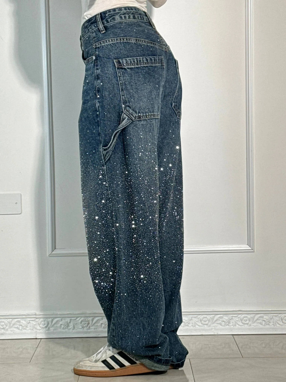 High Waist Rhinestone Embellished Wide Leg Jeans 4