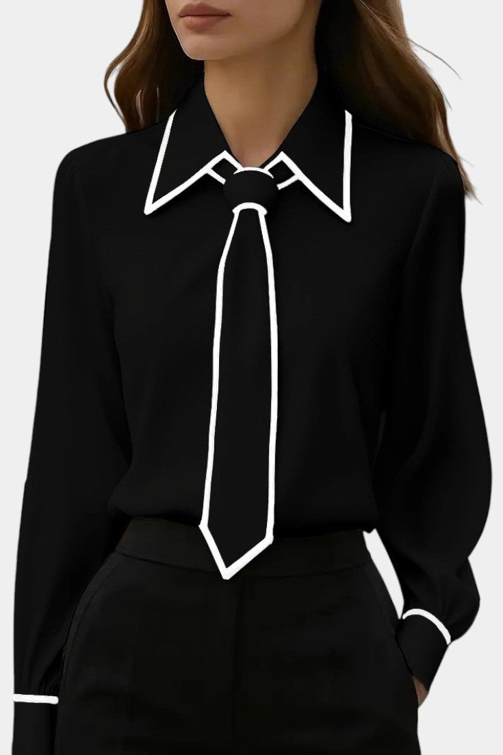 Contrast Trim Knotted Tie Collar Long Sleeve Blouse 4