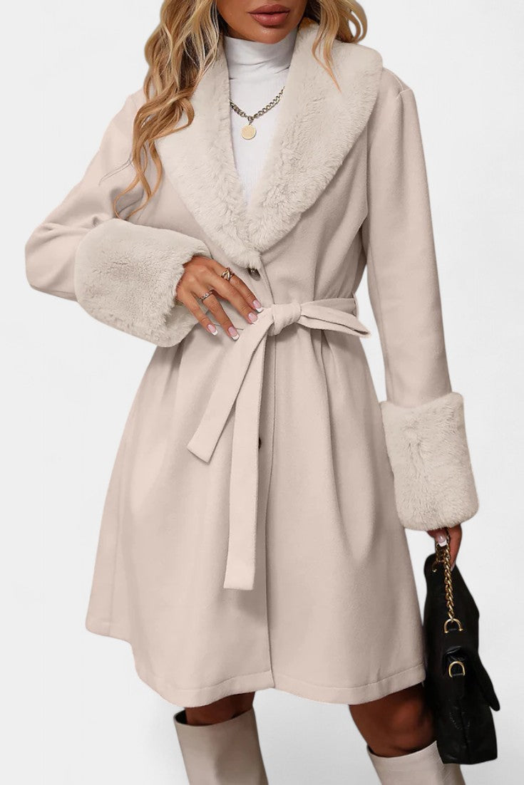 Faux Fur Collar Belted Wool Look Coat 2