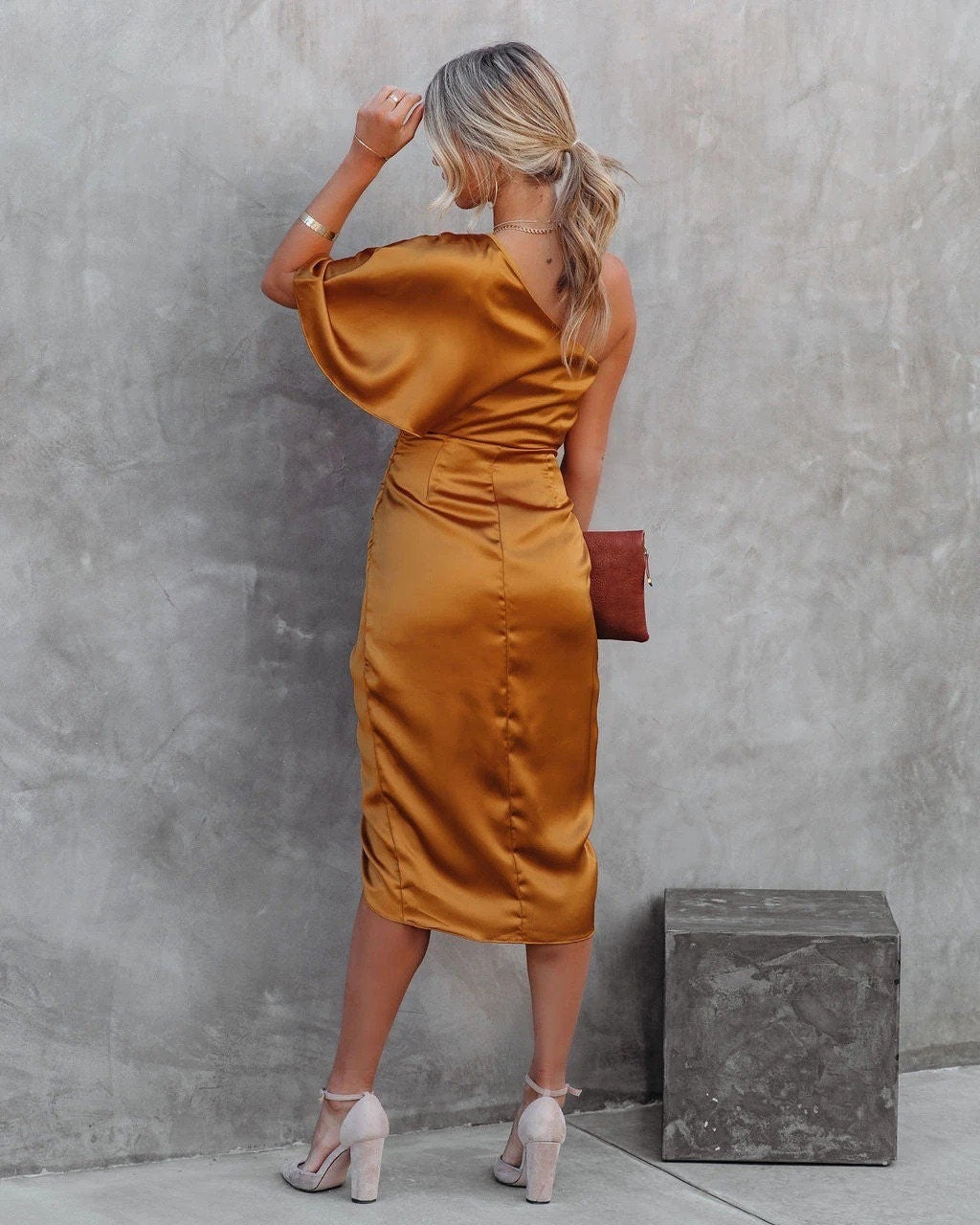 Satin One Shoulder Ruched Pleated Wrap Asymmetric Midi Cocktail Dress - View 7