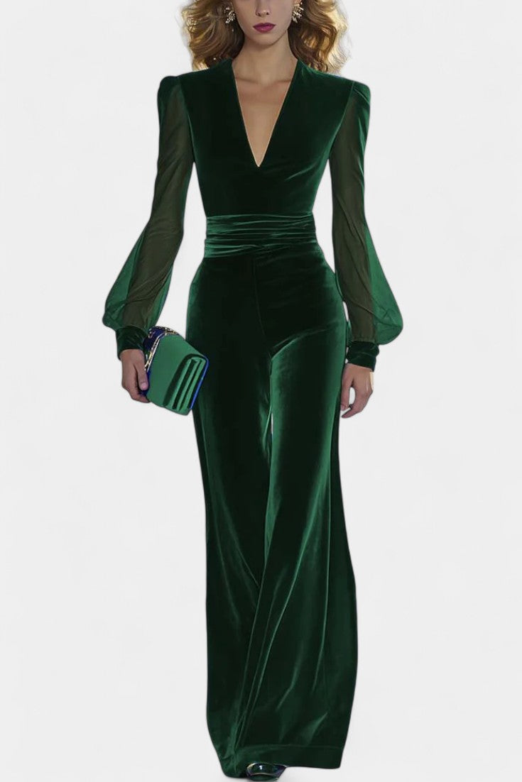 Velvet Deep V-Neck Mesh Sleeve Wide Leg Jumpsuit 4