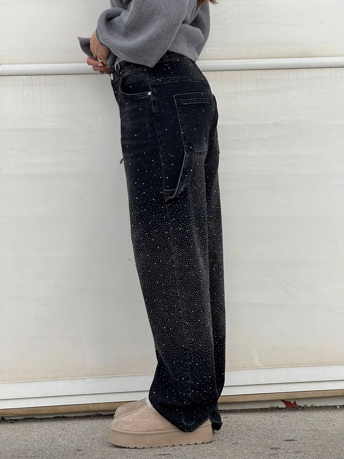 High Waist Rhinestone Embellished Wide Leg Jeans 11