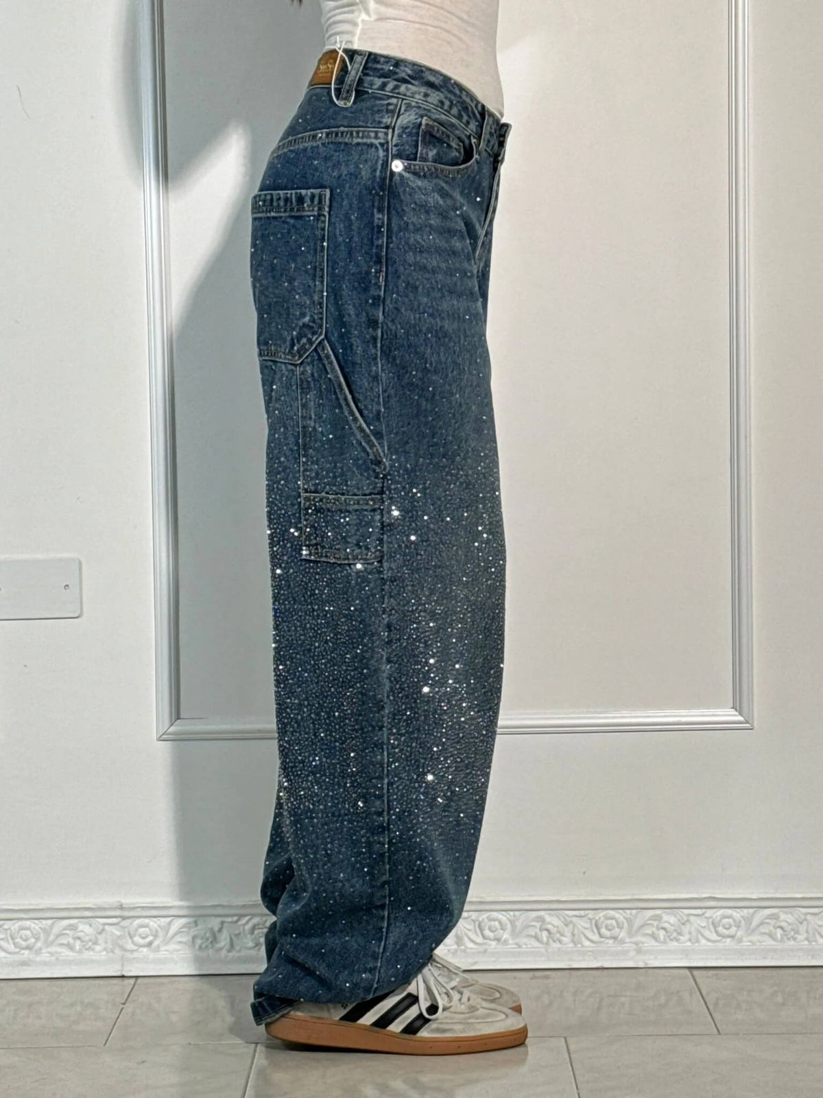 High Waist Rhinestone Embellished Wide Leg Jeans 3