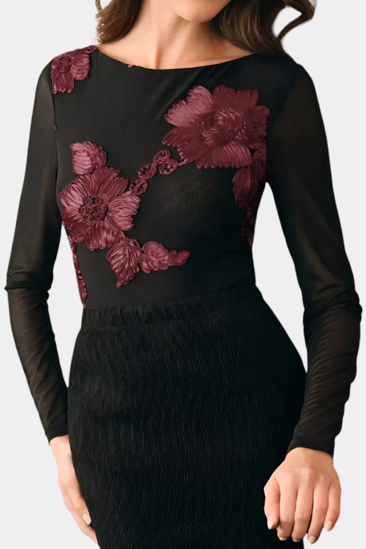Floral Applique Boat Neck Long Sleeve Mesh Top