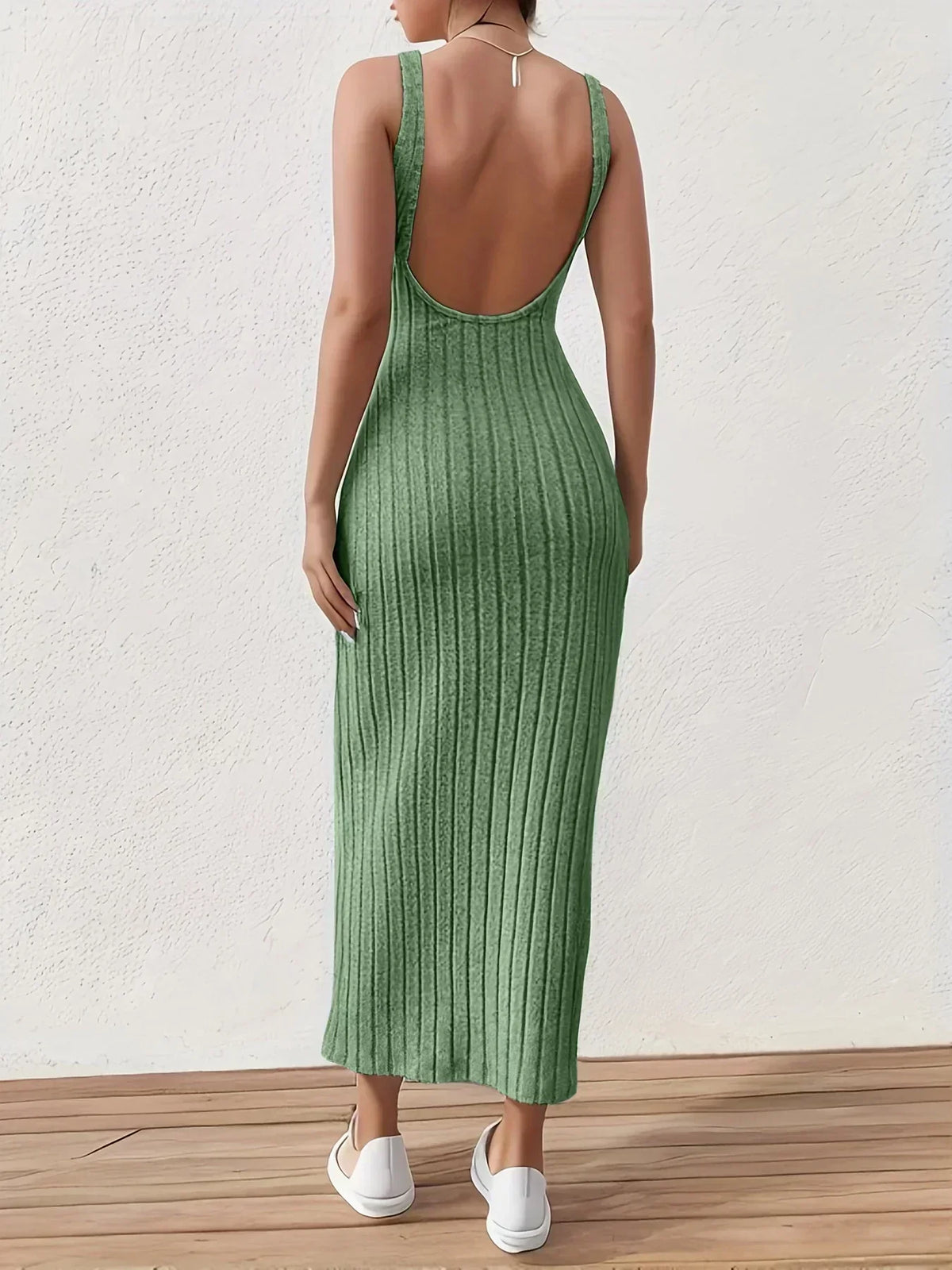 Ribbed Knit Sleeveless Crew Neck Bodycon Midi Dress - View 8